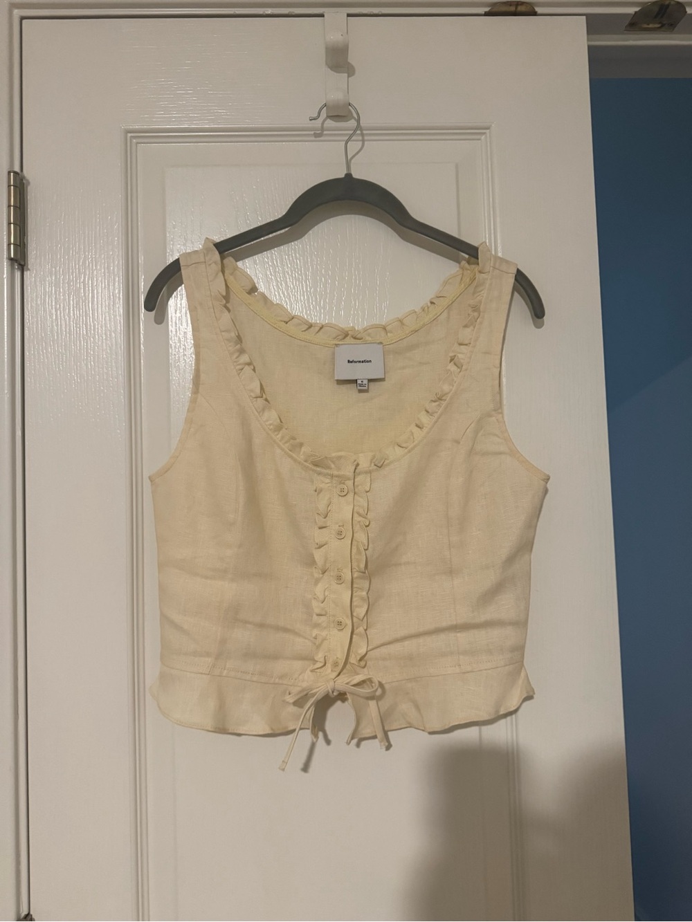 Reformation Cream Ruffle-Trim Button Tie Linen Camisole